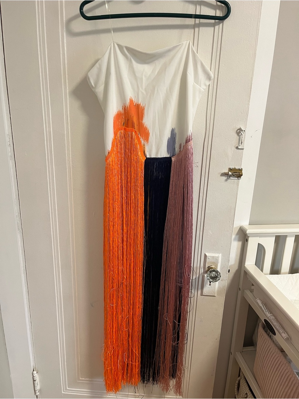 White Strapless Formal Dress with Orange, Navy and Mauve Fringe